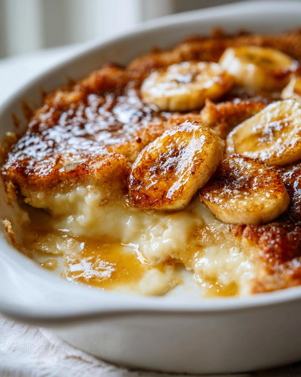 Close-up of a scoop taken from an Easy Banana Pudding Cobbler, showing creamy pudding and caramelized banana slices.