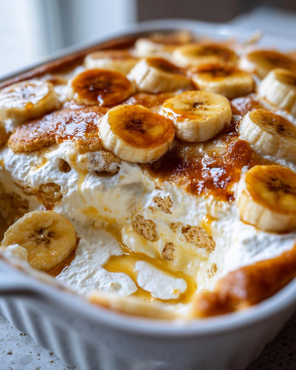 Close-up of a creamy Banana Pudding Cobbler Easy Summer Dessert topped with caramelized banana slices and a drizzle of syrup.
