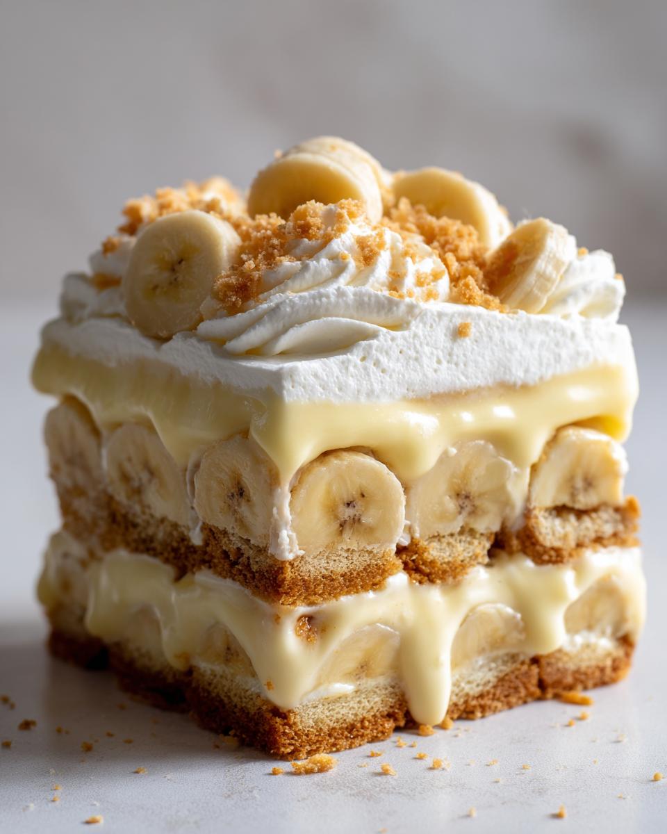 A slice of no bake banana pudding cobbler with layers of cookies, pudding, bananas, and whipped cream.
