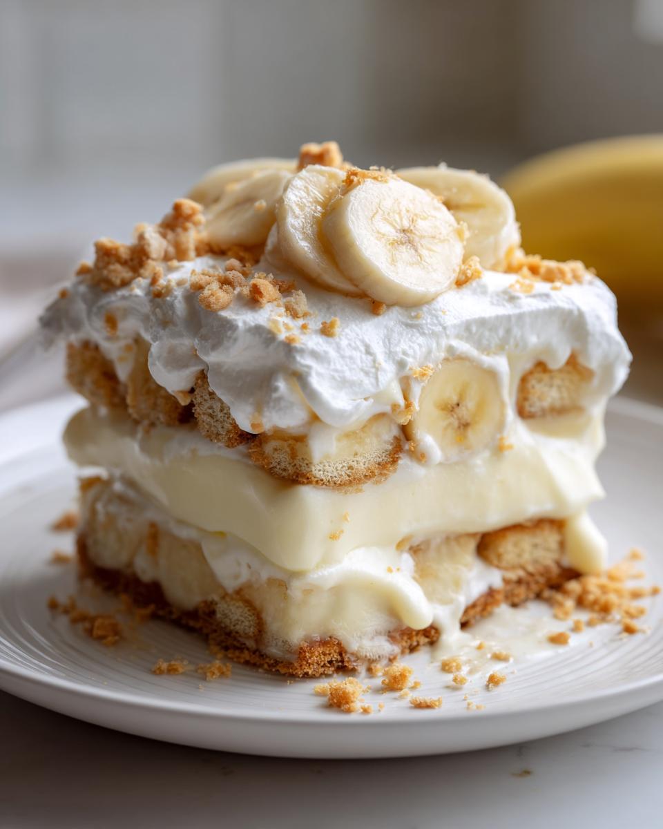 A delicious slice of no bake banana pudding cobbler, layered with vanilla pudding, bananas, and crushed cookies.