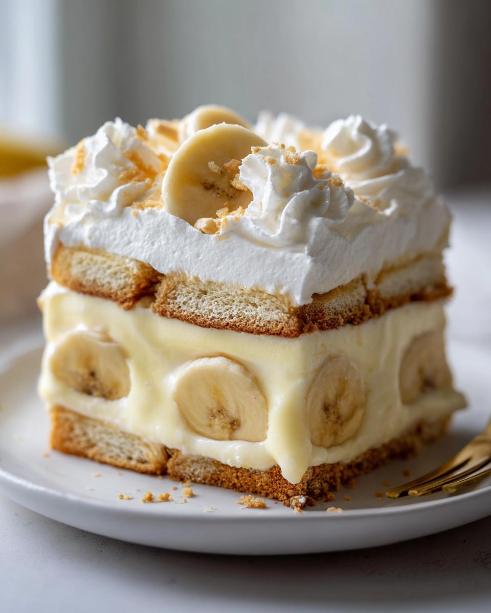 A delicious slice of no bake banana pudding cobbler, layered with vanilla wafers, creamy pudding, and fresh banana slices, topped with whipped cream.