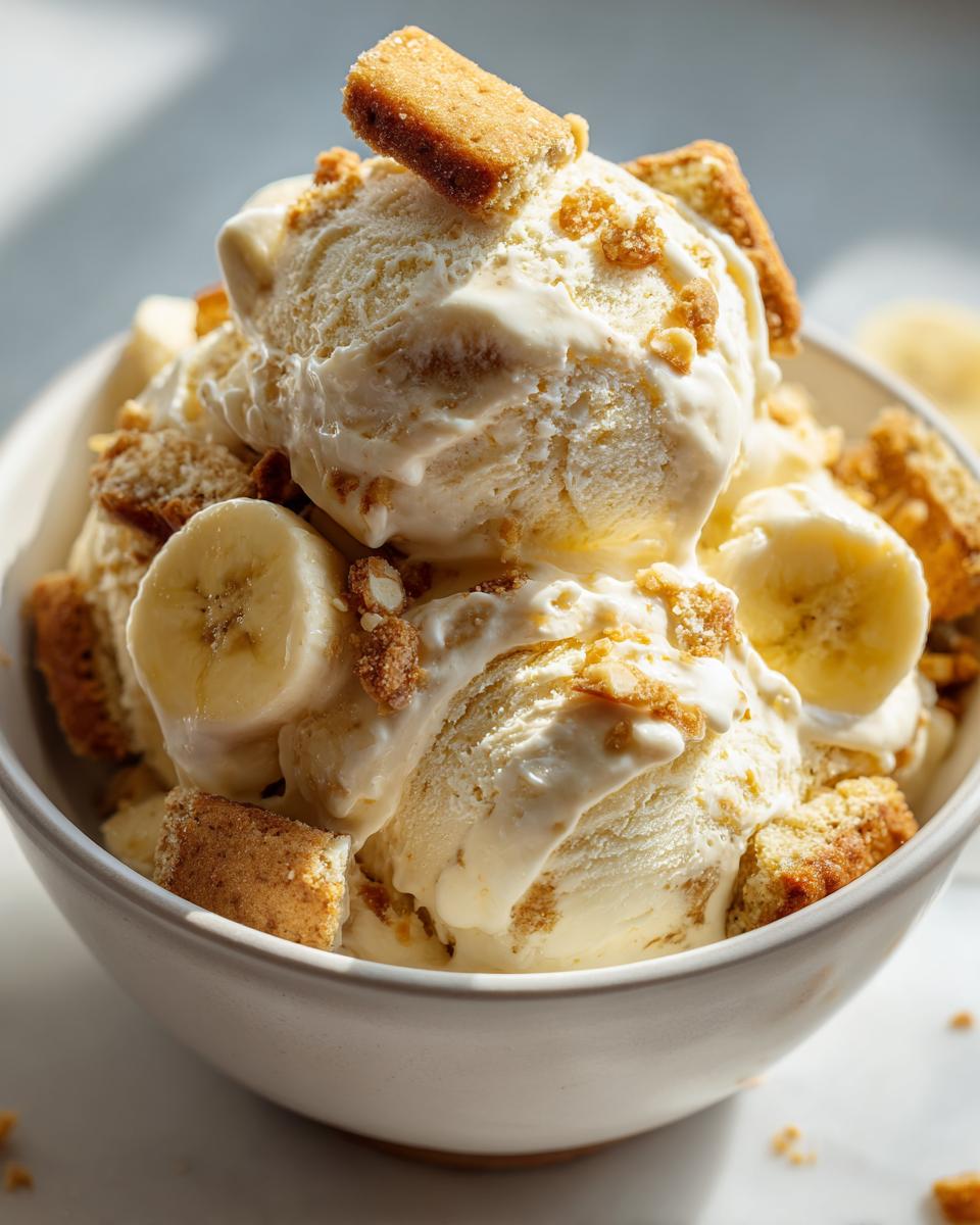 A bowl overflowing with scoops of creamy Banana Pudding Ice Cream No Churn, topped with banana slices and cookie crumbles.