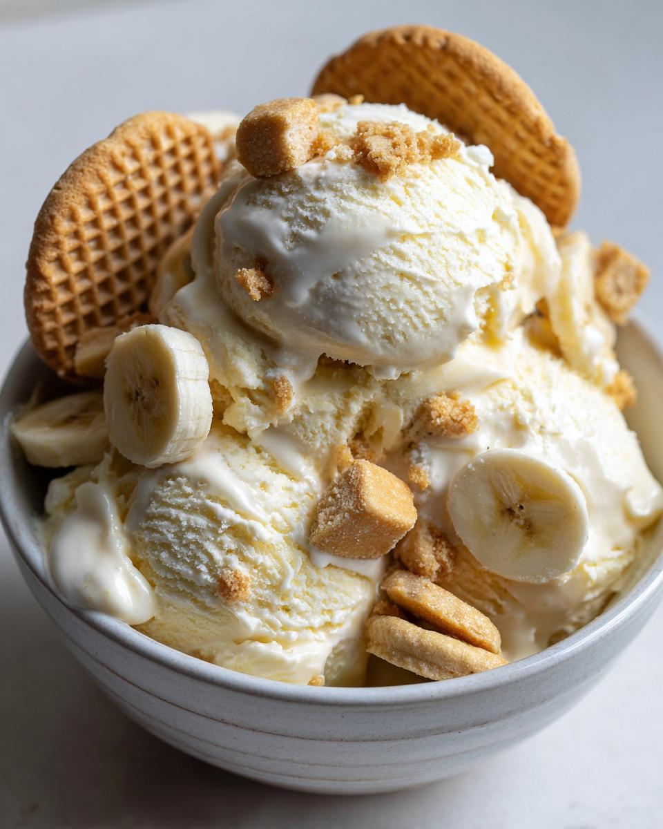 A bowl overflowing with creamy Banana Pudding Ice Cream No Churn, topped with fresh banana slices, crushed cookies, and wafers.