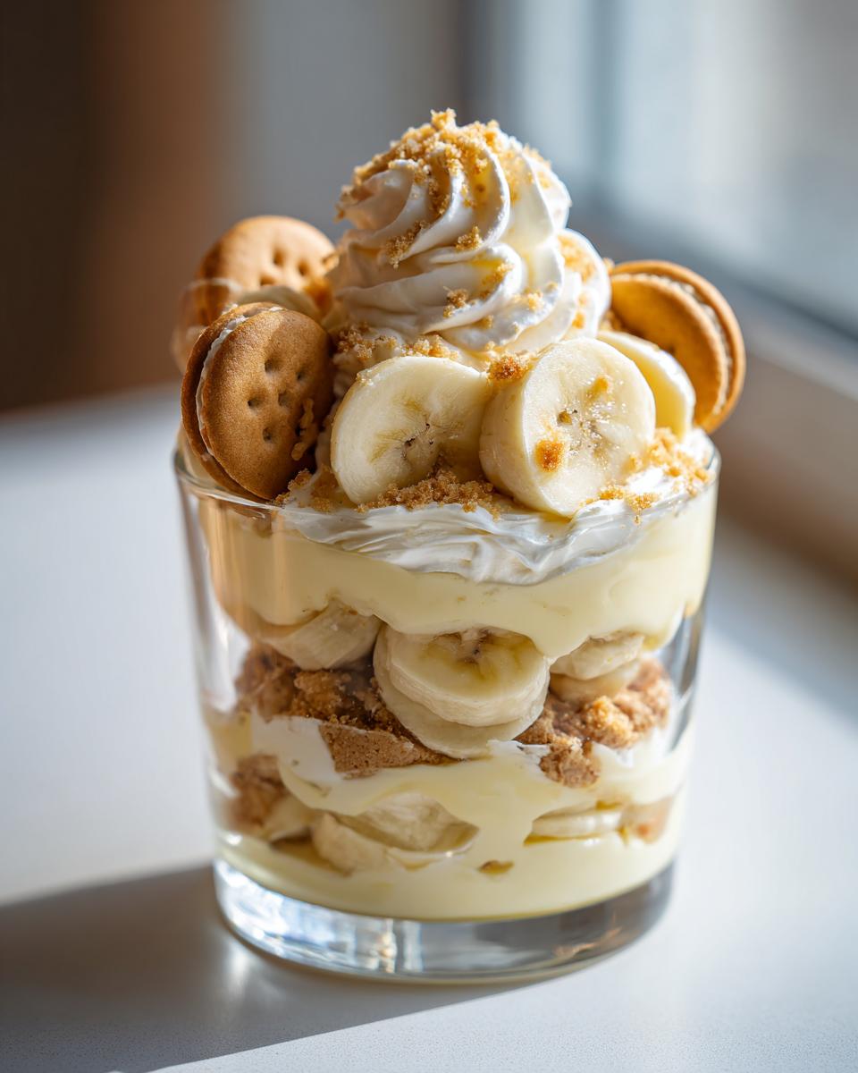 Close-up of a no-bake Banana Pudding Parfait Cup dessert layered with pudding, bananas, cookies, and whipped cream.