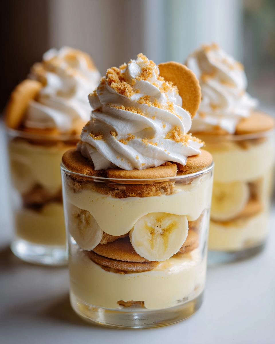 Close-up of Banana Pudding Parfait Cups No Bake Easy Dessert, layered with vanilla pudding, fresh banana slices, and vanilla wafers, topped with whipped cream.