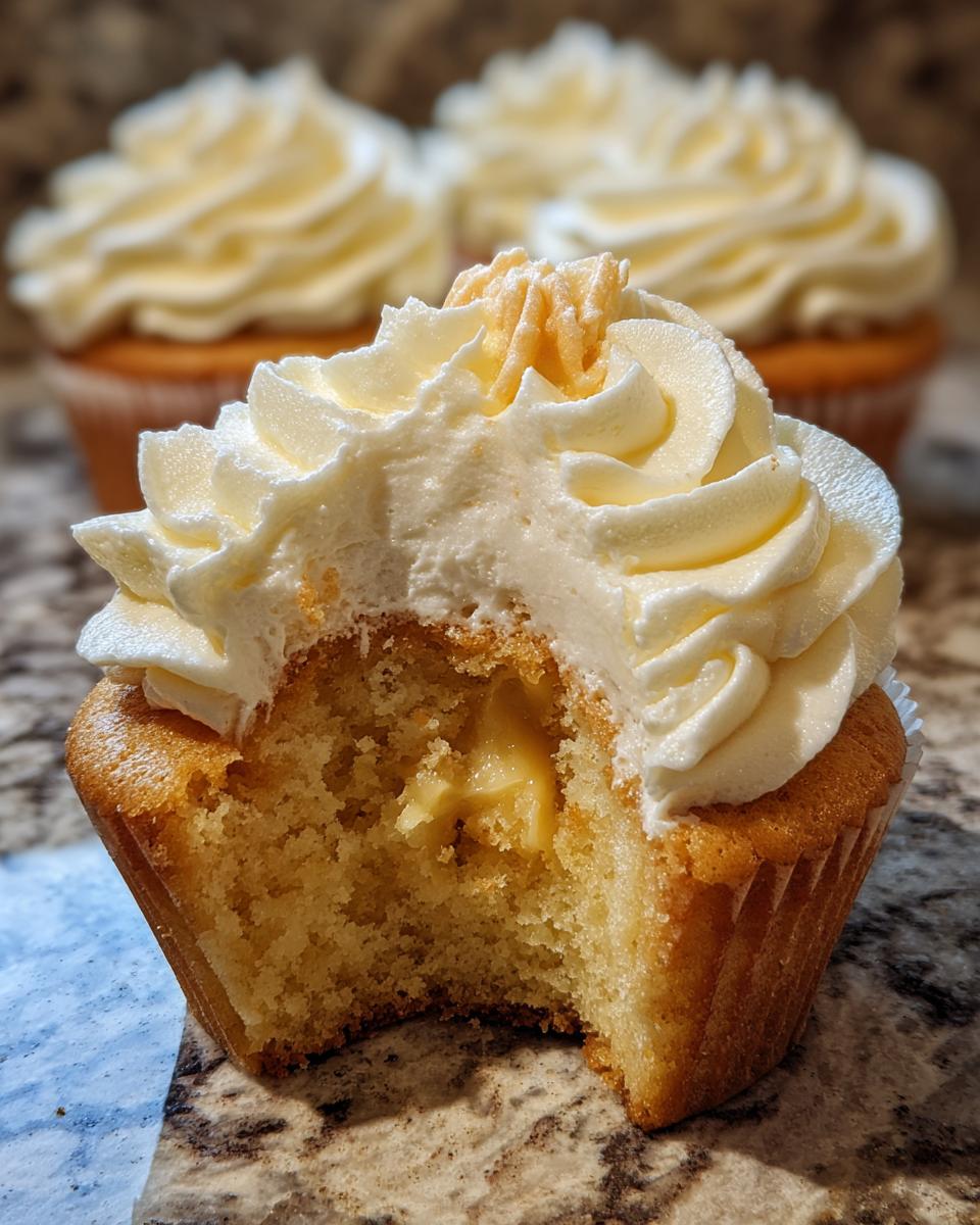 A bite taken out of a Best Ever Banana Pudding Cupcake, revealing creamy banana pudding filling and fluffy frosting.