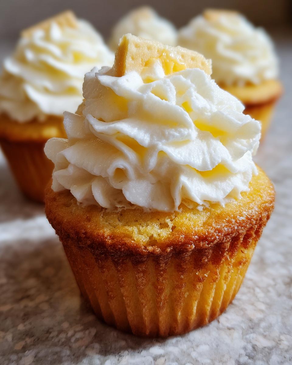 Close-up of a Best Ever Banana Pudding Cupcake topped with swirls of white frosting and a small piece of banana pudding.