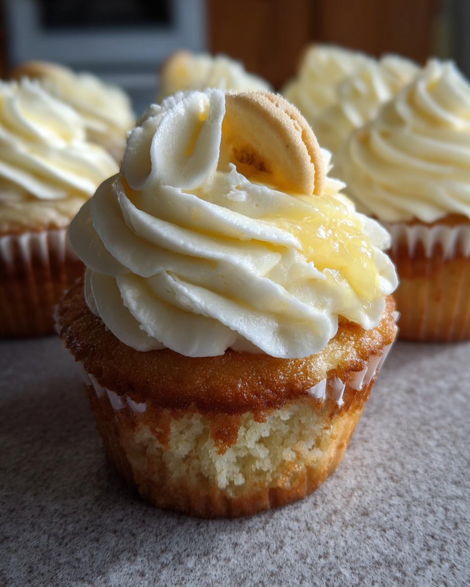 Close-up of a Best Ever Banana Pudding Cupcake topped with creamy frosting, banana slice, and pudding filling.