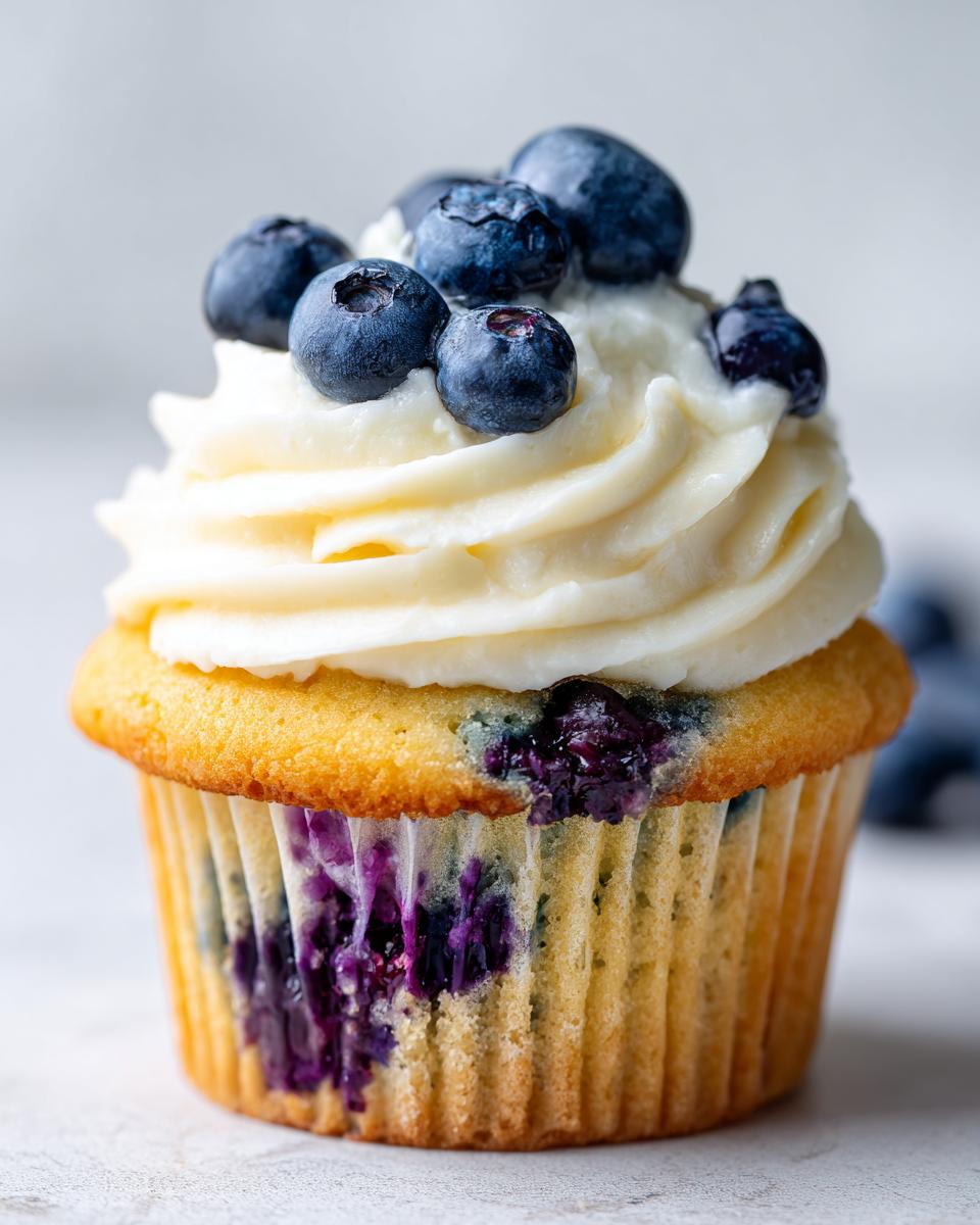 Close-up of a delicious blueberry cupcake topped with white frosting and fresh blueberries.