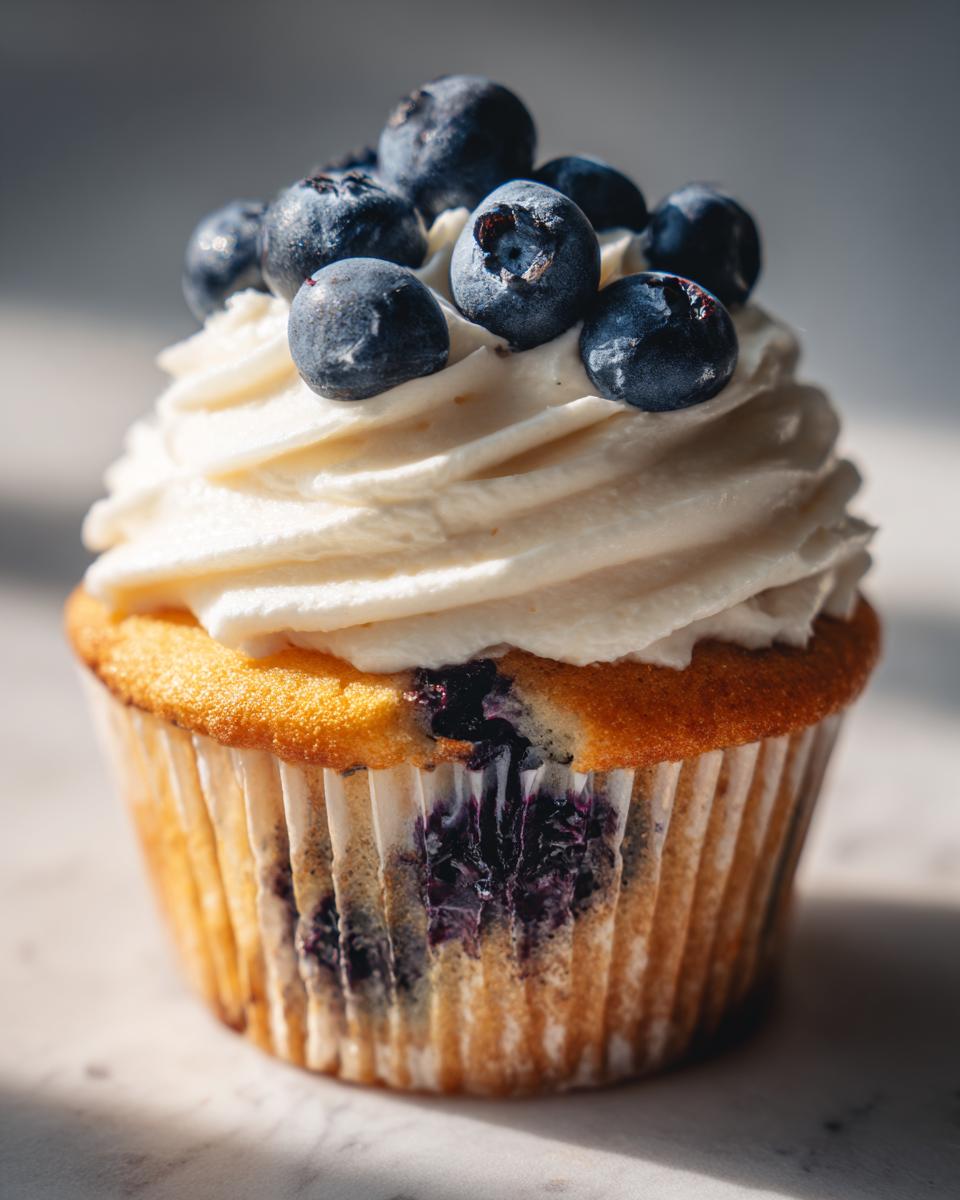 A close-up of a freshly baked Blueberry Cupcake topped with creamy frosting and fresh blueberries.