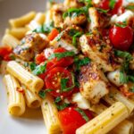 Close-up of Bruschetta Chicken Pasta with grilled chicken, cherry tomatoes, mozzarella, and basil.
