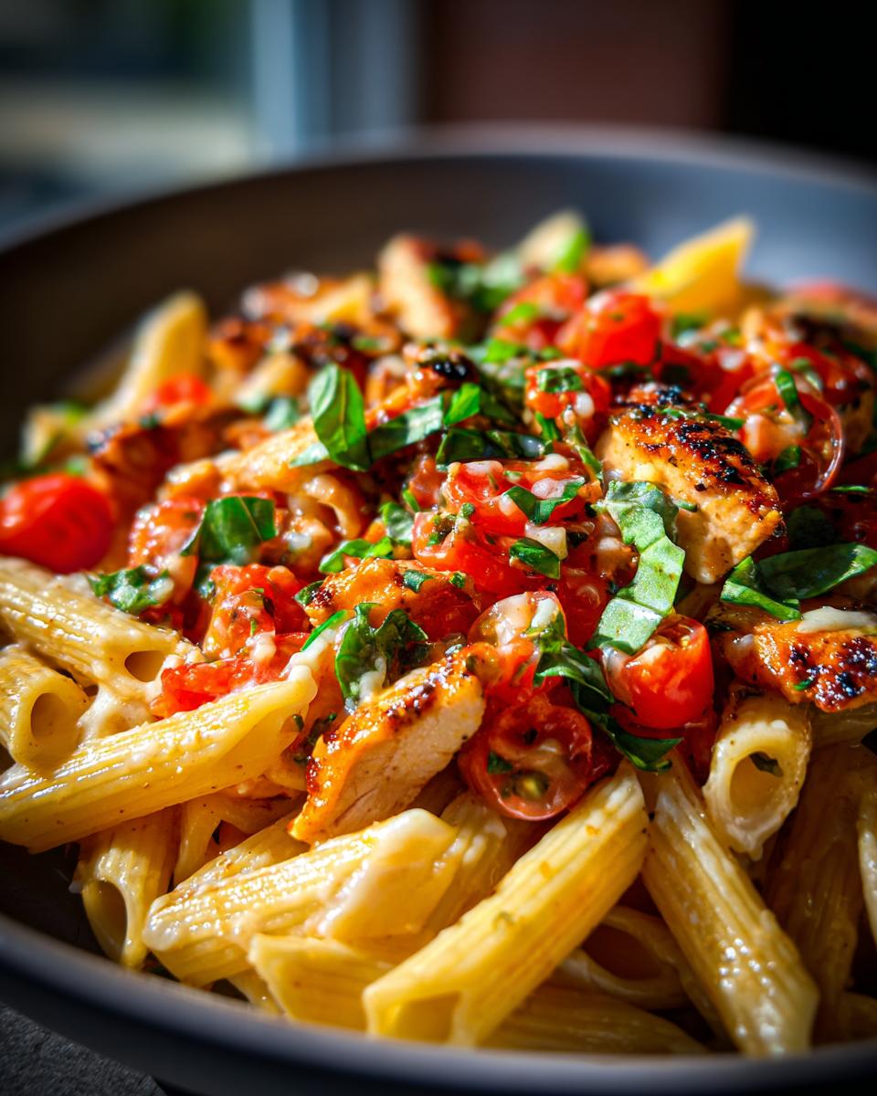 Bruschetta Chicken Pasta: 35-Min Fresh Dinner 4 Close-up of Bruschetta Chicken Pasta with grilled chicken, cherry tomatoes, and fresh basil.