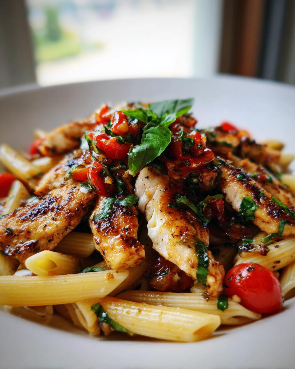 Bruschetta Chicken Pasta: 35-Min Fresh Dinner 5 A close-up of Bruschetta Chicken Pasta with penne, grilled chicken strips, cherry tomatoes, and fresh basil.