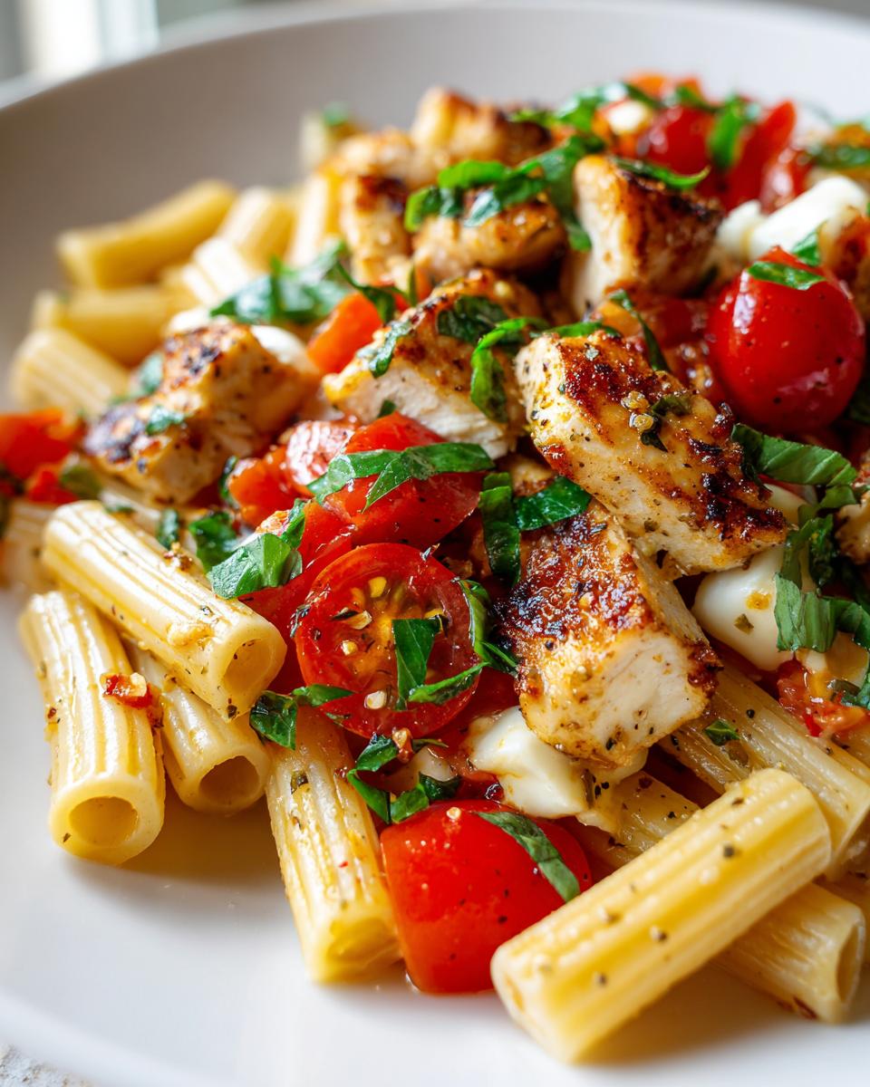 Close-up of Bruschetta Chicken Pasta featuring grilled chicken, cherry tomatoes, mozzarella, and fresh basil.