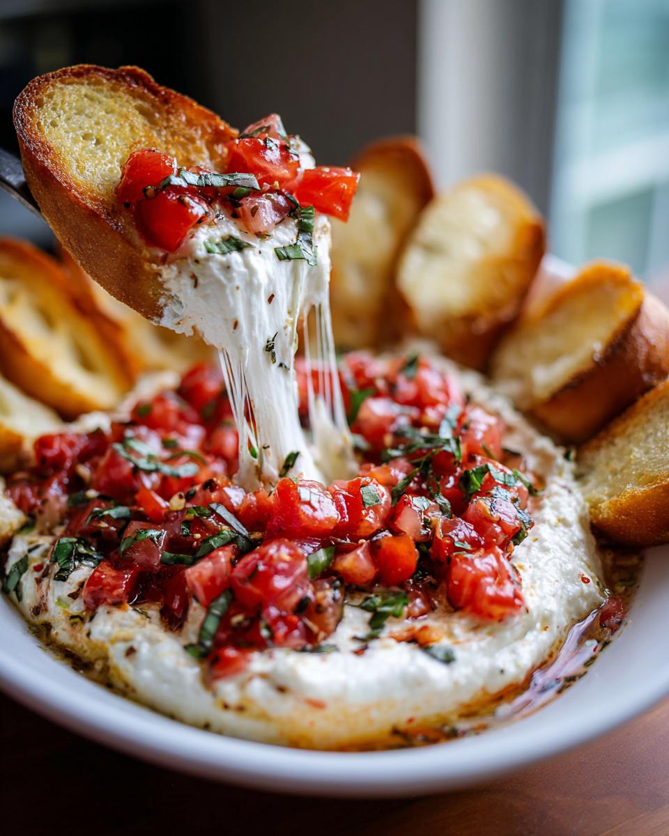 A piece of toasted bread is dipped into a creamy Bruschetta Dip Easy Summer Appetizer, showing a satisfying cheese pull.