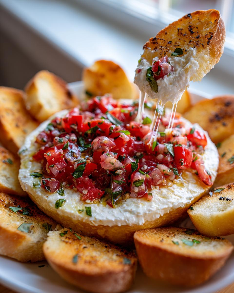 A slice of toasted baguette is dipped into a warm, cheesy Bruschetta Dip Easy Summer Appetizer, with melted cheese stretching.
