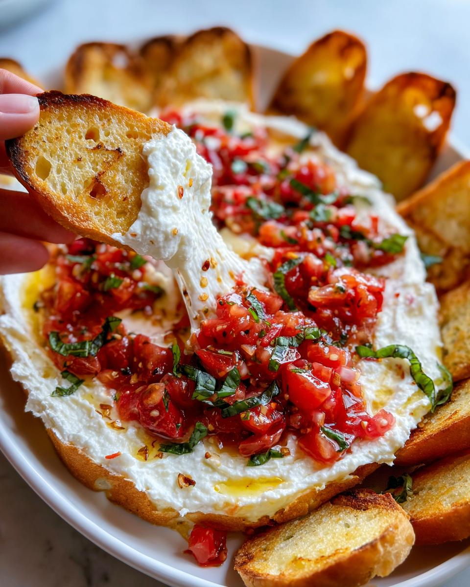 A piece of toasted bread dipping into a creamy Bruschetta Dip Easy Summer Appetizer, topped with fresh tomatoes and basil.