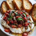 A creamy Bruschetta Dip with Fresh Mozzarella topped with cherry tomatoes and basil, served with toasted bread slices.