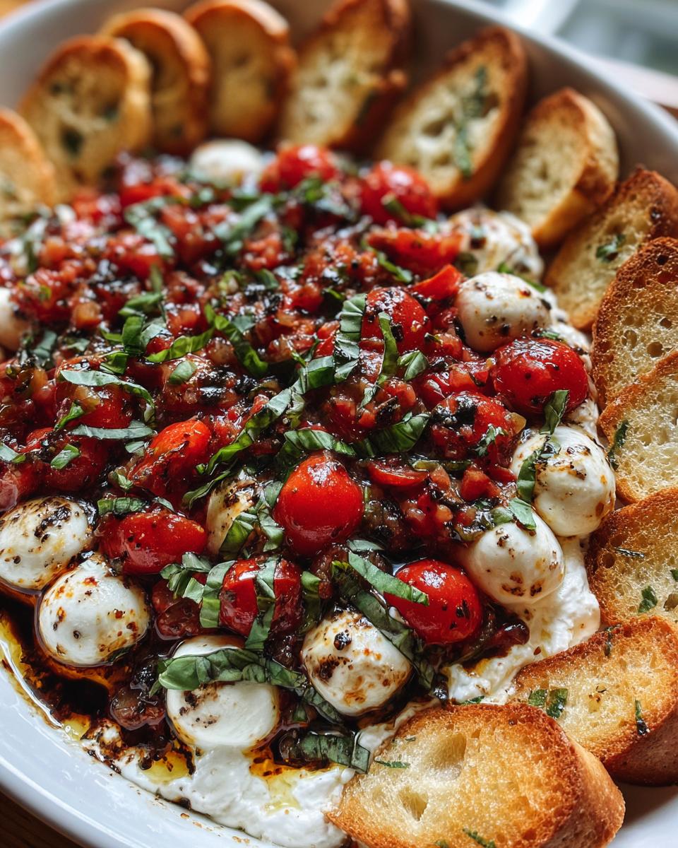 Close-up of Bruschetta Dip with Fresh Mozzarella, topped with cherry tomatoes and basil, served with toasted baguette slices.