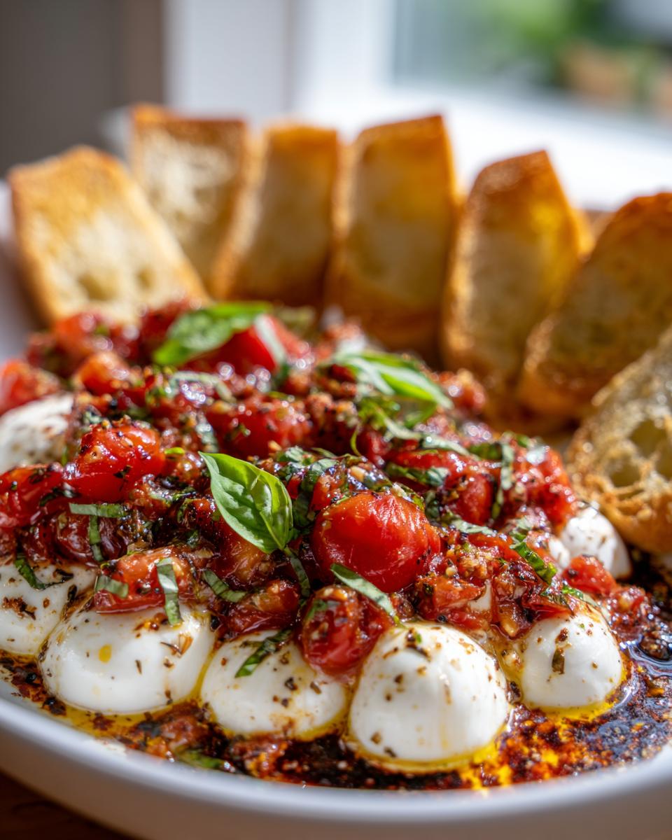 Close-up of Bruschetta Dip with Fresh Mozzarella Easy Appetizer, featuring melted mozzarella balls topped with cherry tomatoes and basil, served with toasted bread.