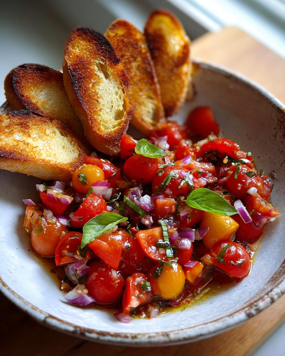 A bowl of Bruschetta Dip with Garlic Crostini, featuring fresh tomatoes, red onion, basil, and toasted bread slices.