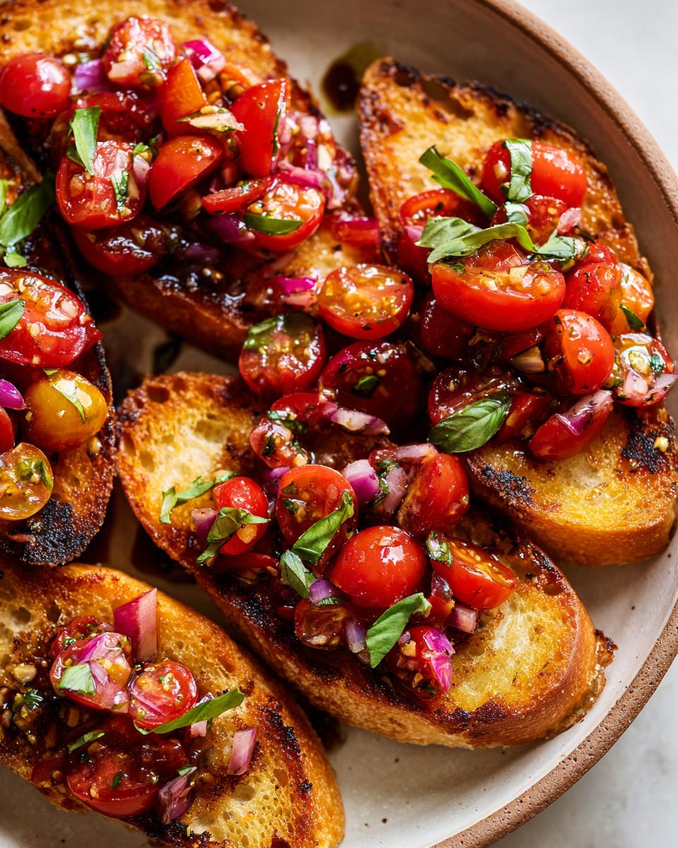 Close-up of Bruschetta Dip with Garlic Crostini, featuring toasted bread topped with fresh tomatoes, red onion, and basil.