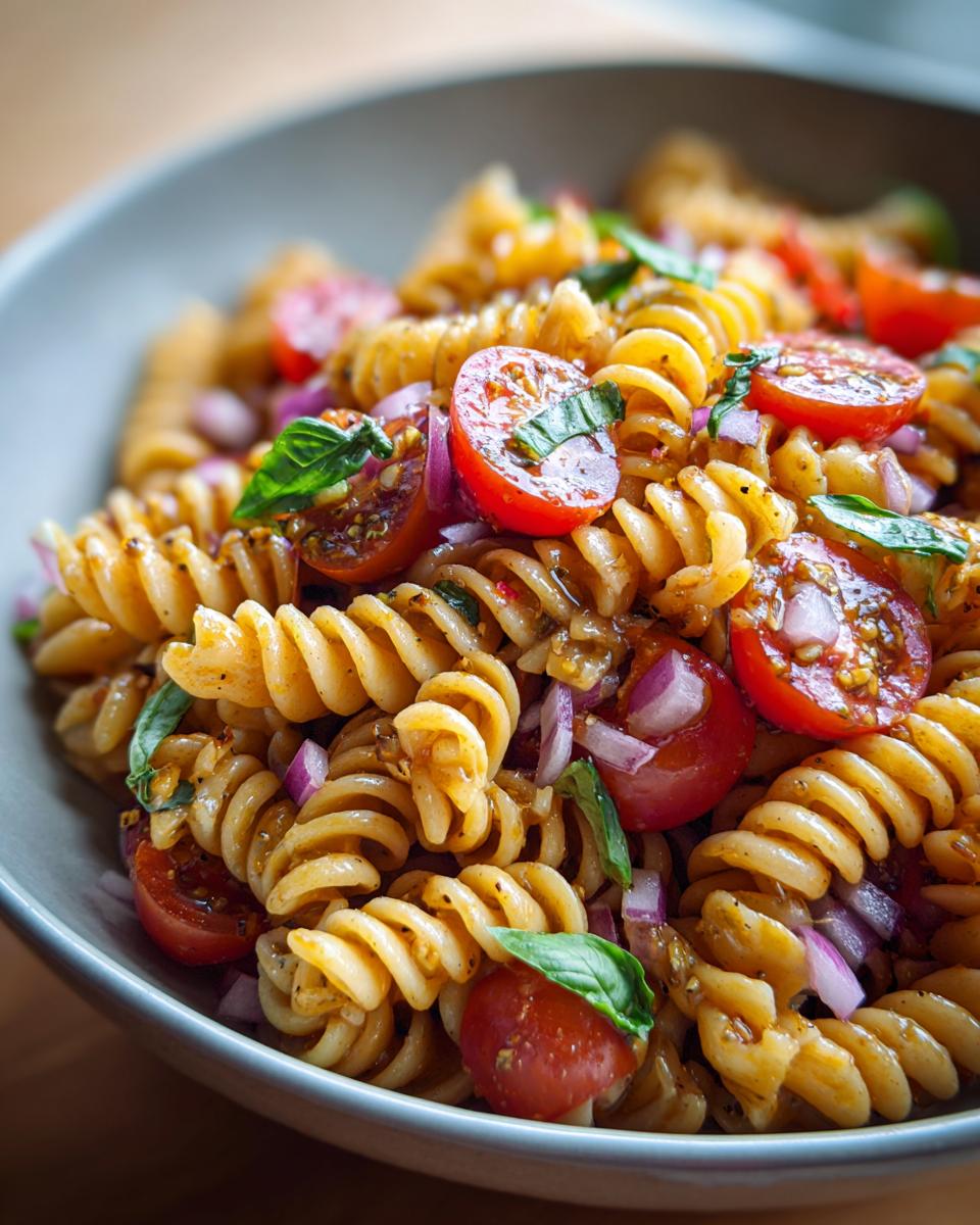 Close-up of a bowl of Bruschetta Pasta Salad with fusilli pasta, cherry tomatoes, red onion, and basil.