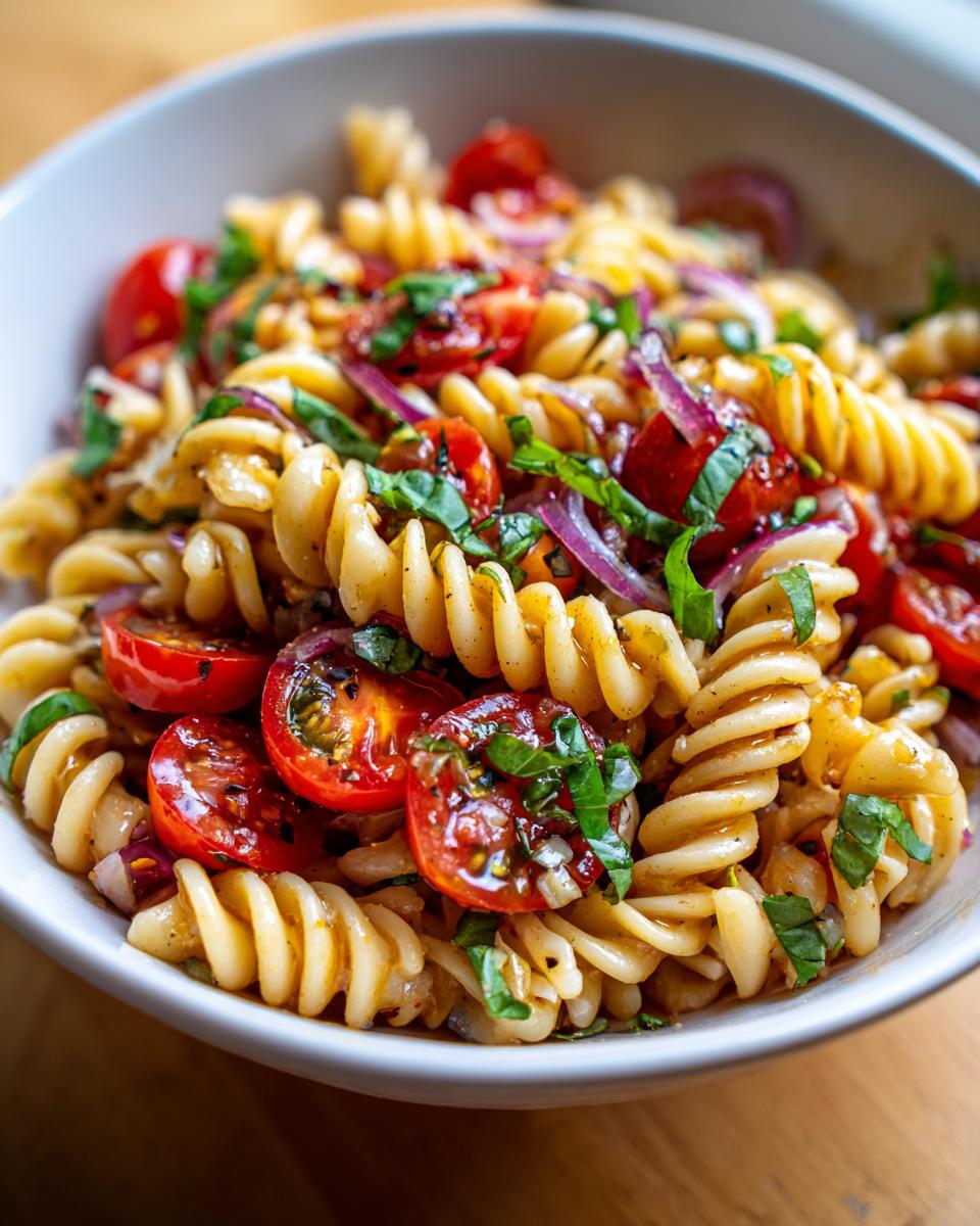 Close-up of a white bowl filled with Bruschetta Pasta Salad, featuring fusilli pasta, cherry tomatoes, red onion, and fresh basil.