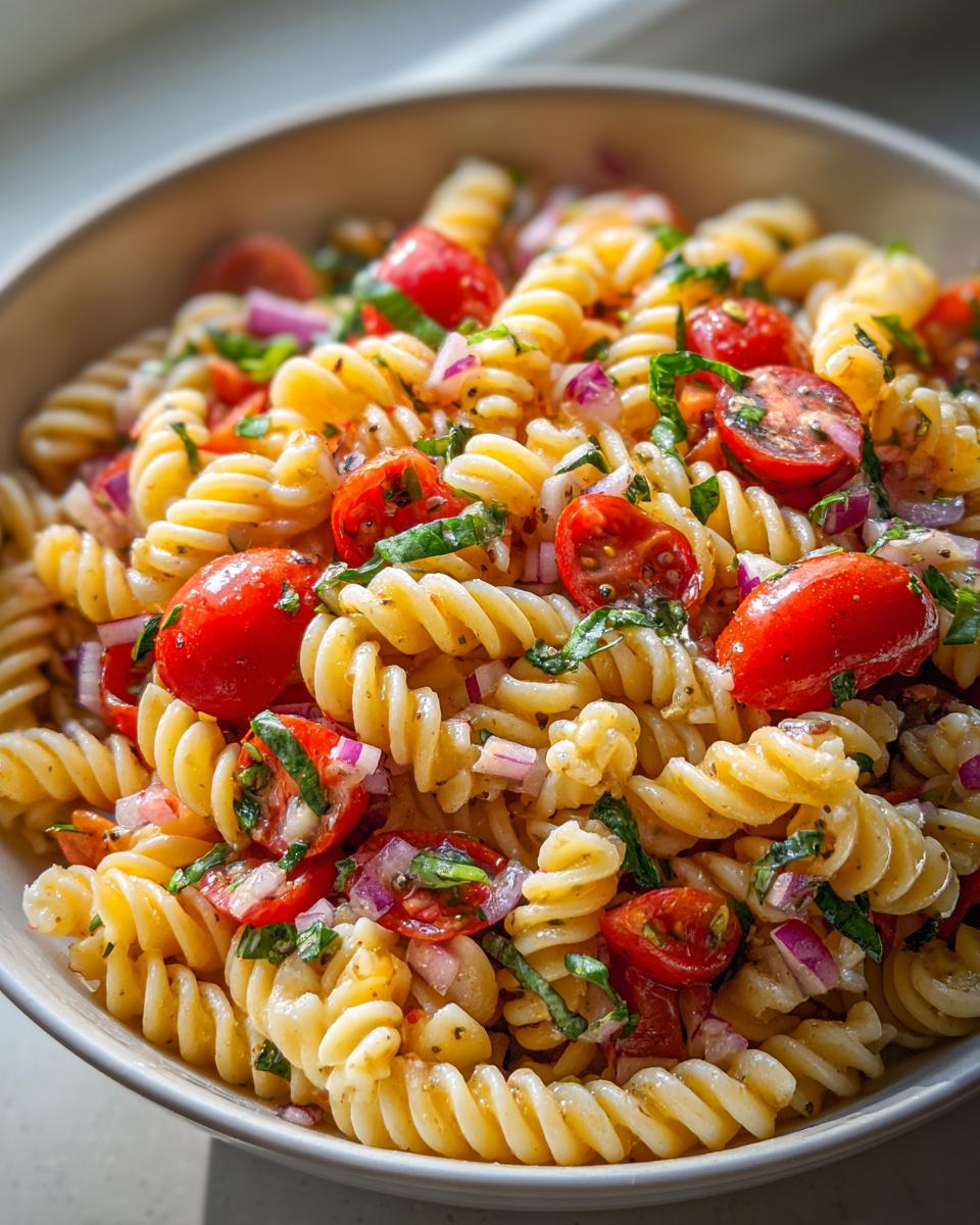 A close-up of a bowl filled with Bruschetta Pasta Salad, featuring rotini pasta, cherry tomatoes, red onion, and fresh basil.