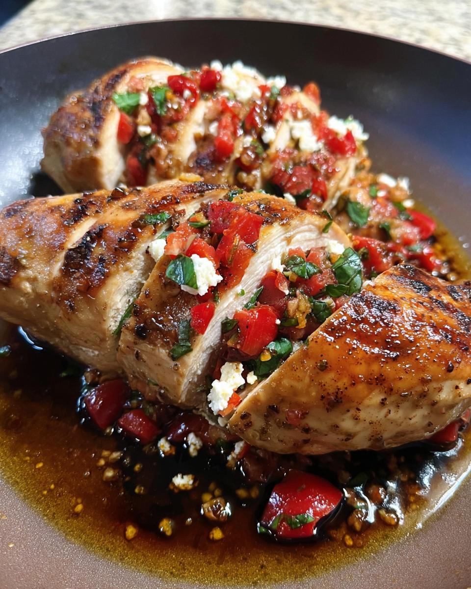 Close-up of sliced Bruschetta Stuffed Chicken, showing the tomato and cheese filling.