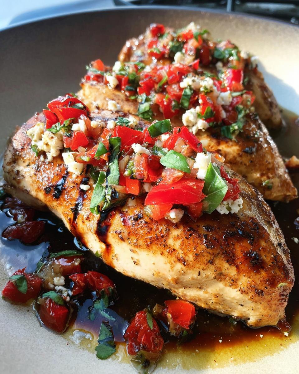 Close-up of two perfectly cooked Bruschetta Stuffed Chicken breasts topped with fresh tomatoes, basil, and cheese.