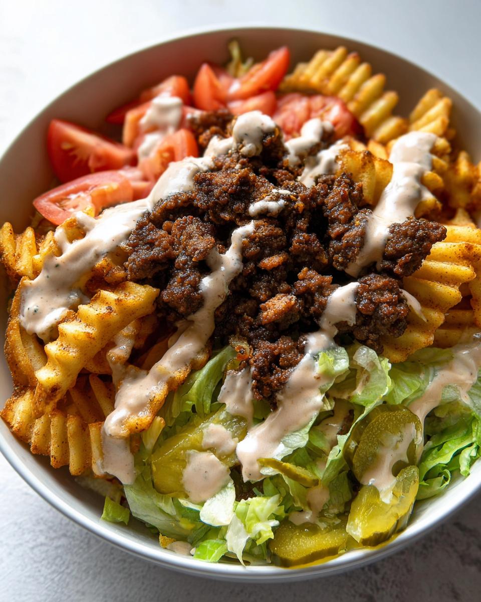 Burger Bowls with Ranch Fries: 30 Min Feast 5 A close-up of a delicious Burger Bowl with Ranch Fries, featuring seasoned ground beef, crinkle-cut fries, lettuce, tomatoes, and pickles, drizzled with ranch dressing.