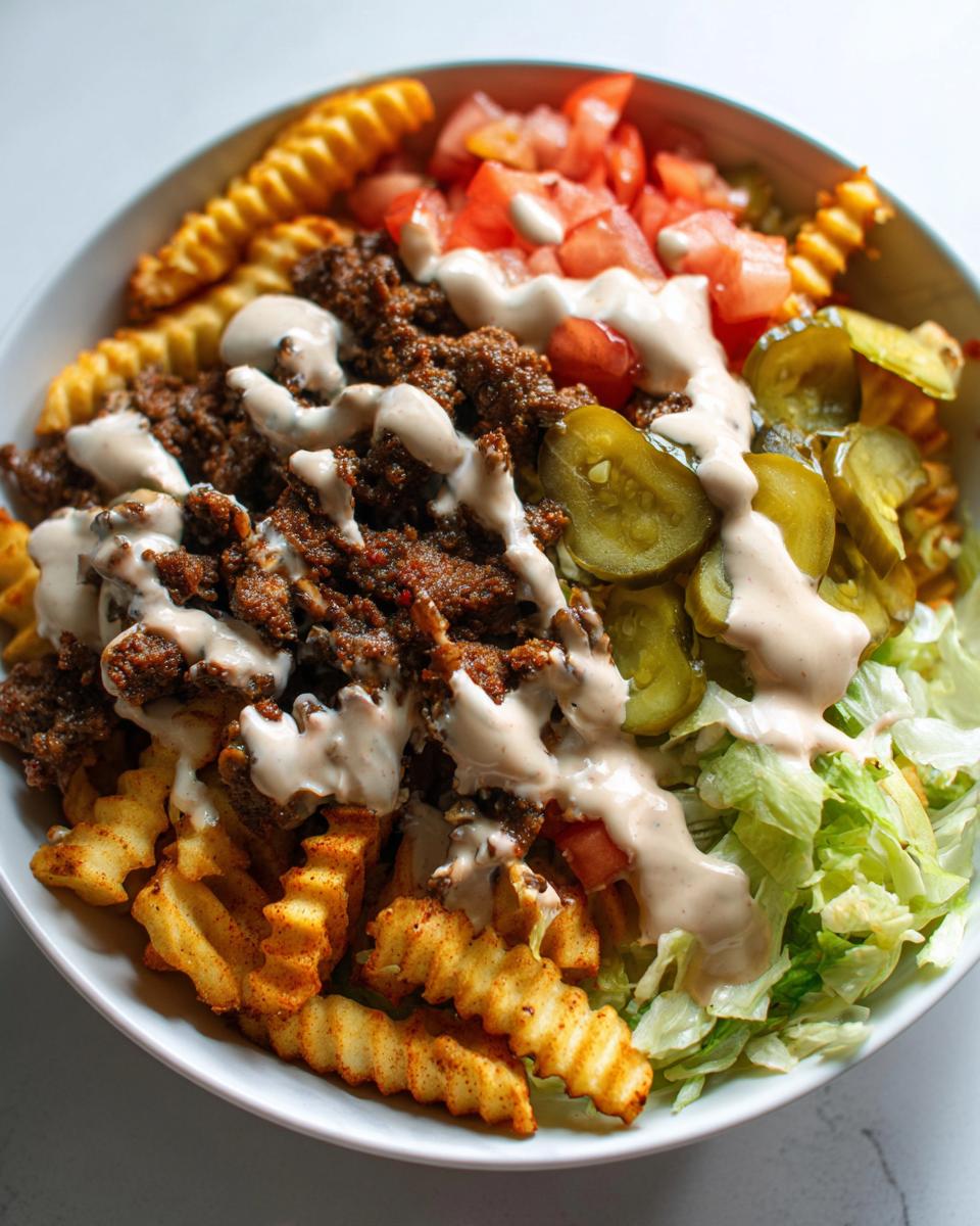 Burger Bowls with Ranch Fries: 30 Min Feast 4 A close-up of a delicious Burger Bowl with Ranch Fries, featuring seasoned ground beef, crinkle-cut fries, lettuce, tomatoes, pickles, and a creamy ranch dressing drizzle.