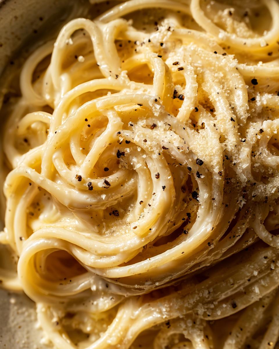 Perfect Cacio E Pepe Recipe: 5 Stars 4 Close-up of a swirl of spaghetti coated in creamy sauce with cracked black pepper and grated cheese, showcasing the perfect Cacio E Pepe Recipe.