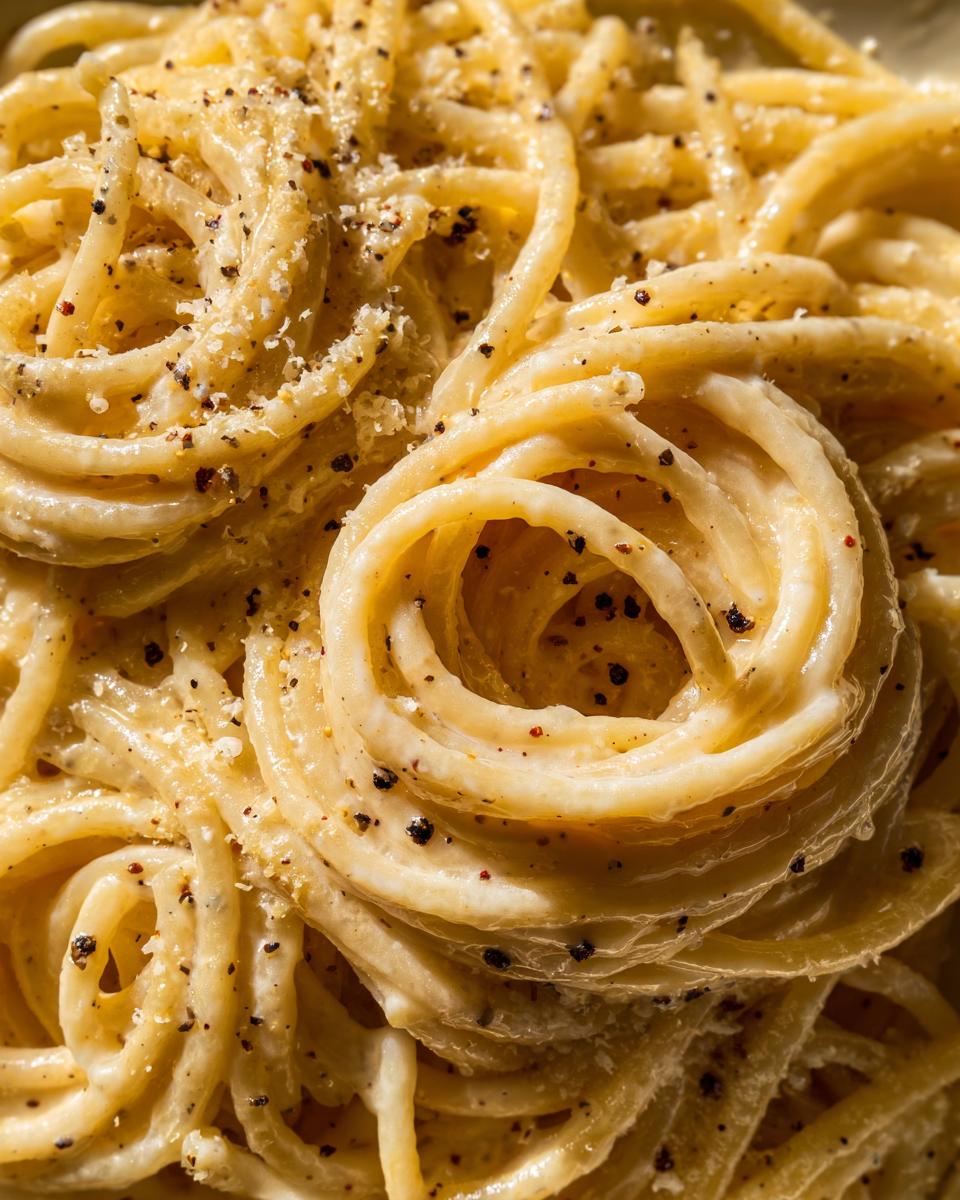 Perfect Cacio E Pepe Recipe: 5 Stars 5 A close-up, overhead view of a plate of Cacio E Pepe Recipe pasta, showcasing the creamy sauce and cracked black pepper.