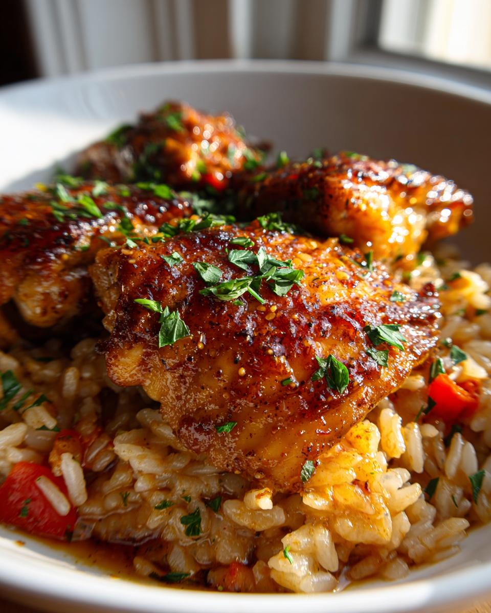 Close-up of Cajun Butter Chicken and Rice Crockpot dish with tender chicken pieces and seasoned rice, garnished with parsley.