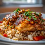 A close-up of Cajun Butter Chicken and Rice Crockpot, featuring tender chicken thighs over fluffy white rice with red bell peppers and fresh parsley.