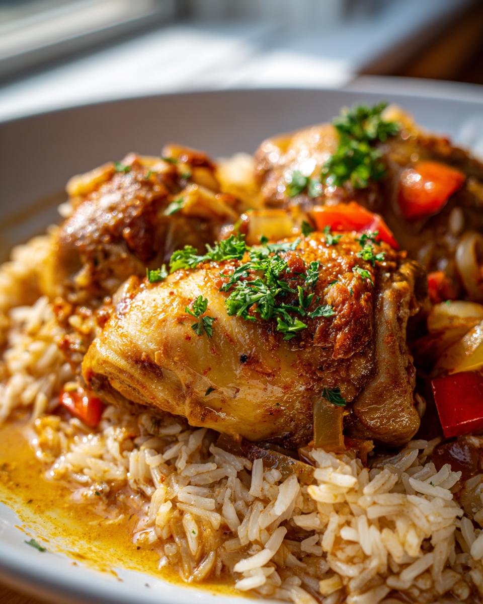 Close-up of Cajun Butter Chicken and Rice Crockpot dish with tender chicken pieces served over fluffy rice and garnished with fresh parsley.