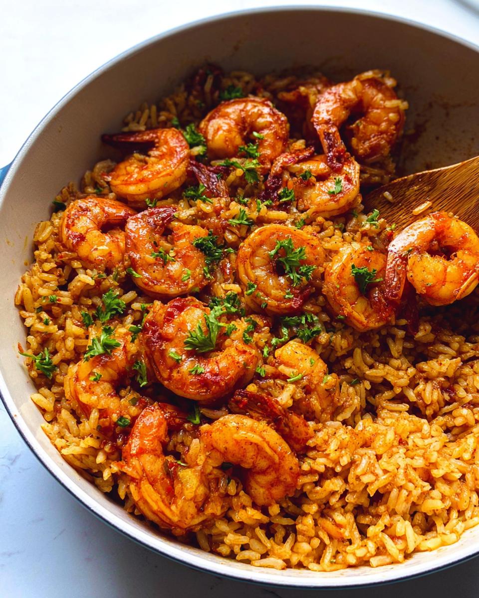 A close-up shot of a Cajun Shrimp and Rice Skillet, featuring plump shrimp and seasoned rice topped with fresh parsley.