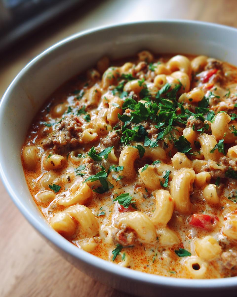 A close-up, angled view of a bowl filled with creamy Cheeseburger Macaroni Soup, garnished with fresh parsley.
