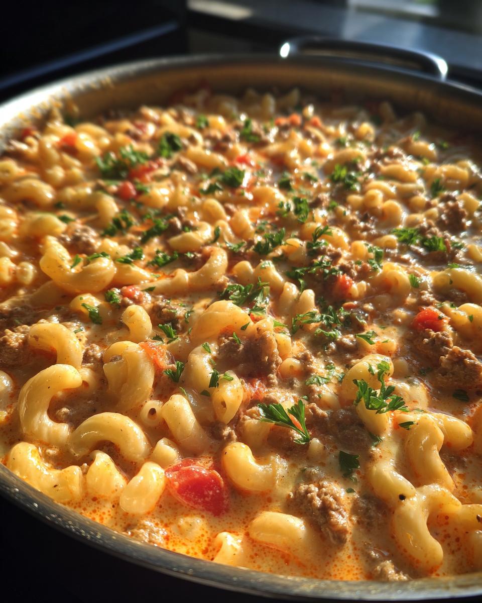 A close-up of a pan filled with creamy Cheeseburger Macaroni Soup, featuring elbow macaroni, ground beef, and fresh parsley.