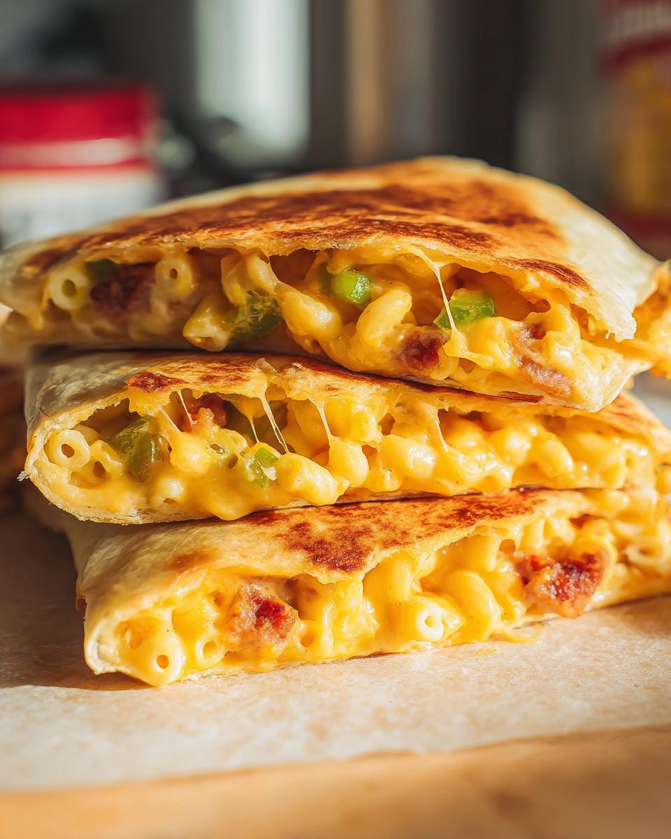 Close-up of stacked Cheesy Mac and Cheese Quesadilla slices, showing gooey cheese, macaroni, and bits of bacon and peppers.