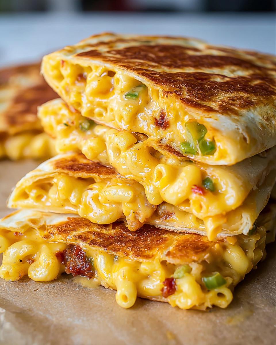 A close-up stack of cheesy mac and cheese quesadillas, oozing with melted cheese and pasta.