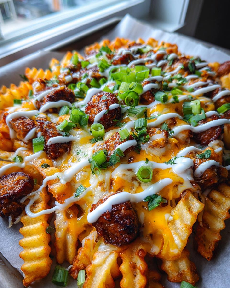 Close-up of Cheesy Ranch Loaded Fries with Sausage, topped with melted cheese, sausage pieces, and green onions.