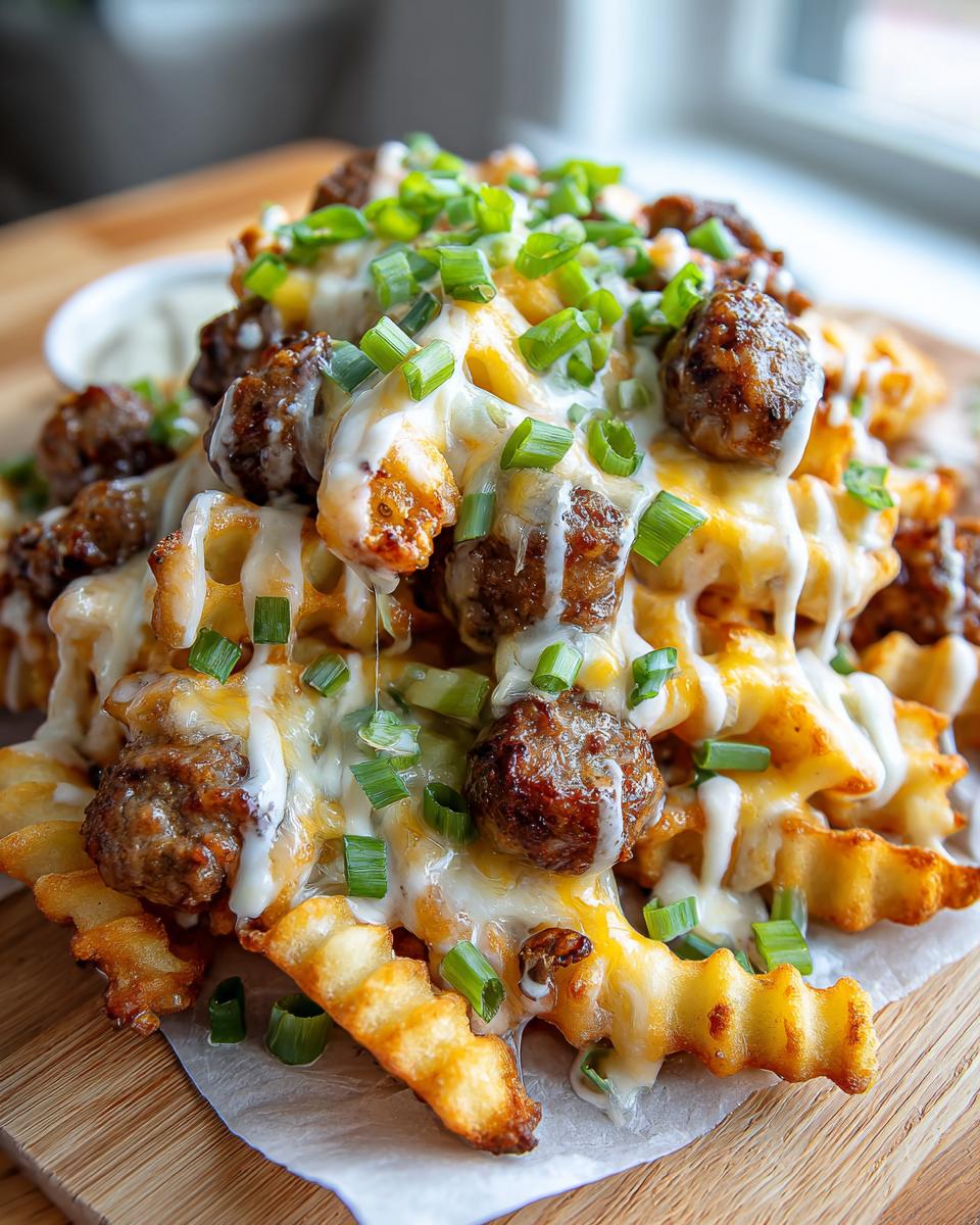 Close-up of Cheesy Ranch Loaded Fries with Sausage, topped with melted cheese and green onions.
