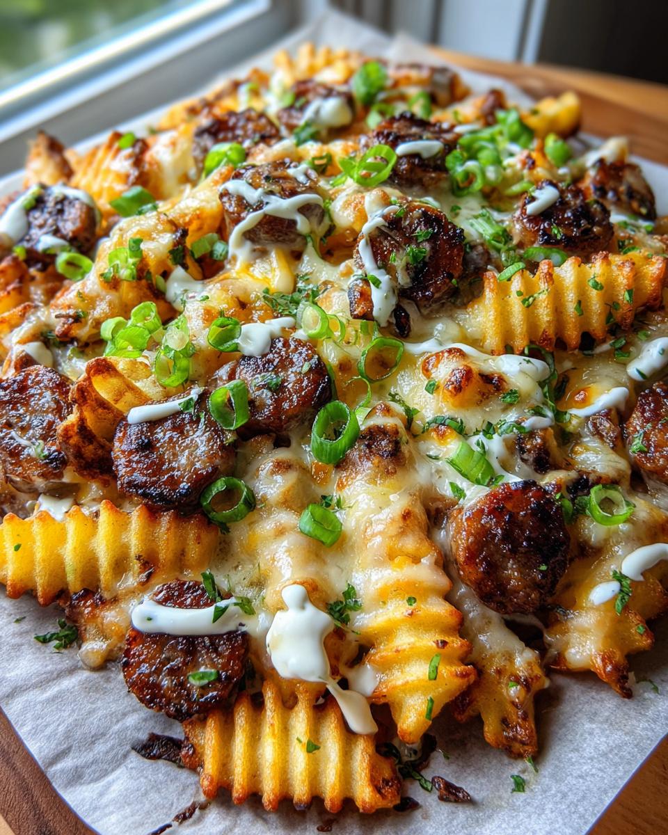Close-up of Cheesy Ranch Loaded Fries with Sausage, topped with melted cheese, sausage slices, and green onions.