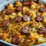Close-up of a Cheesy Ranch Potatoes and Sausage Bake, featuring golden-brown potatoes, melted cheddar cheese, and sliced sausage.