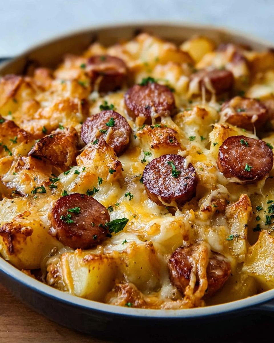 Cheesy Ranch Potatoes Sausage Bake: Easy Win 4 Close-up of a Cheesy Ranch Potatoes and Sausage Bake, featuring golden roasted potatoes, sliced sausage, and melted cheese, garnished with parsley.