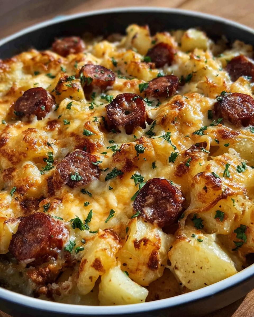Cheesy Ranch Potatoes Sausage Bake: Easy Win 5 Close-up of a Cheesy Ranch Potatoes and Sausage Bake with melted cheese and parsley.