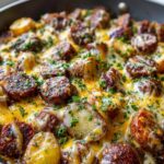 Close-up of a Cheesy Ranch Potatoes and Sausage Skillet, with melted cheese and fresh parsley.